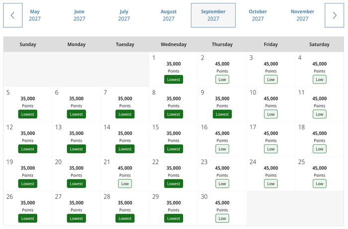 Park Hyatt Cabo award calendar September 2027 Park Hyatt Cabo award calendar September 2027