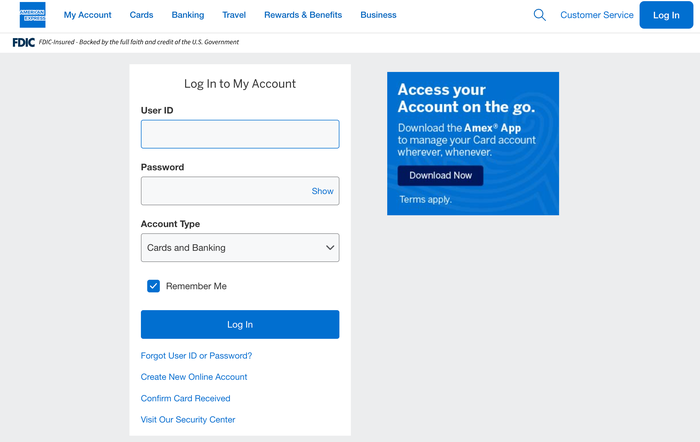 Screenshot 2026 09 29 at 10.47.51 PM Amex login page 9/29/26