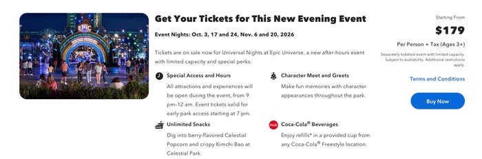 Universal Nights Epic Universe dates
