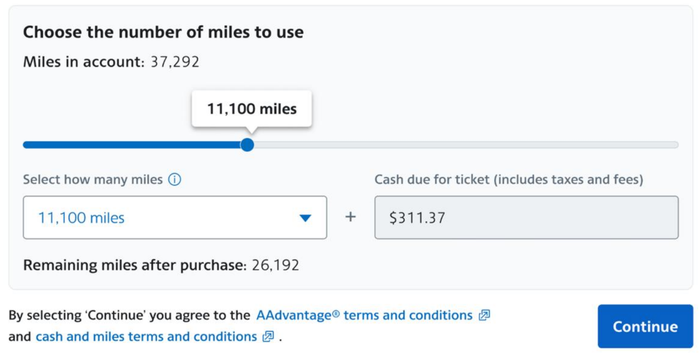 American Airilnes miles and cash example American Airilnes miles and cash example