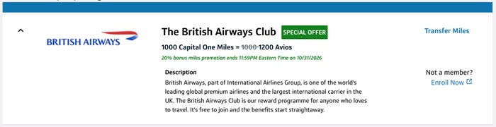 Capital One British Airways transfer bonus November 2025 Capital One BA Avios Transfer
