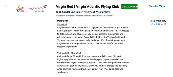 Capital One Virgin transfer bonus October 2026