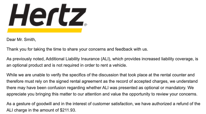 Hertz fee refund email Hertz fee refund email