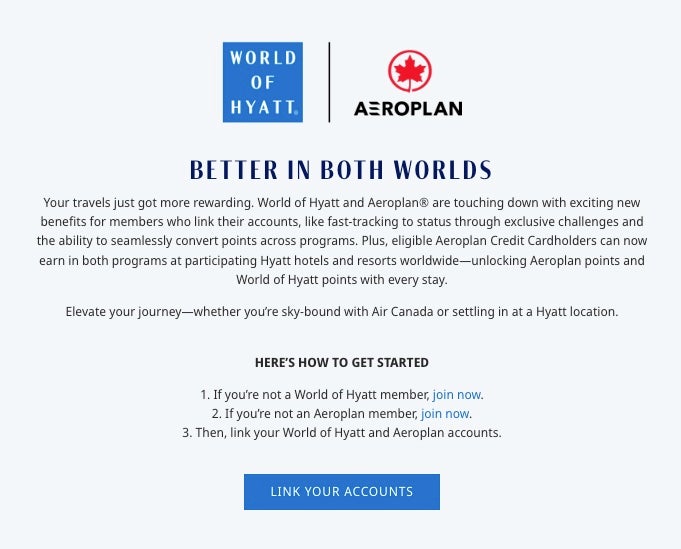 Hyatt Aeroplan Link Accounts page