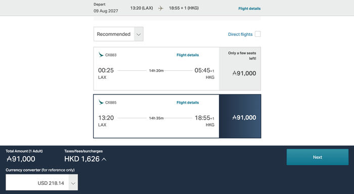 LAX HKG Cathay business award