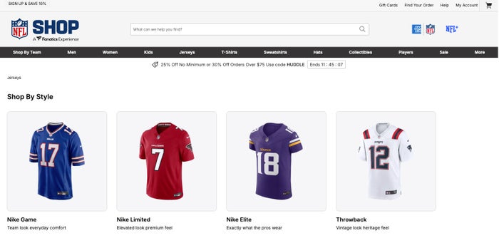 NFL.com shop homepage