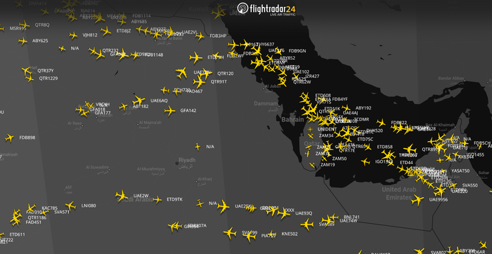 Screenshot 2026 10 12 104859 A screen grab of a flight tracking site showing planes avoiding Riyadh, Saudi Arabia