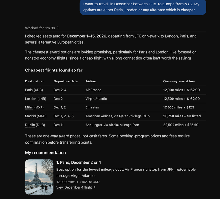 Seats.aero AI award search example Seats.aero AI award search example