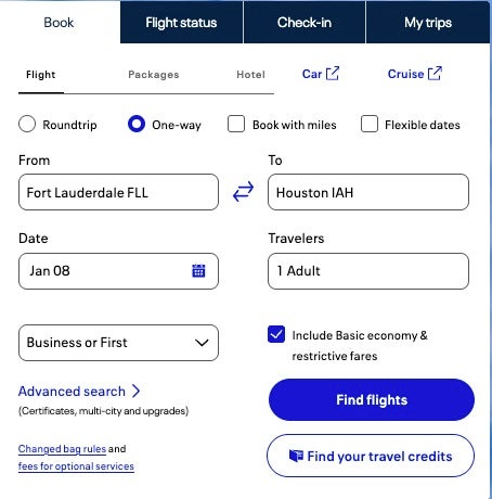 United Basic Fares restrictive search