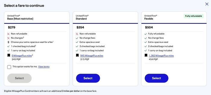 United first class restrictive fares