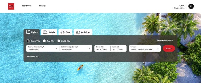 Wells Fargo Travel homepage flights tab Wells Fargo Travel homepage flights tab
