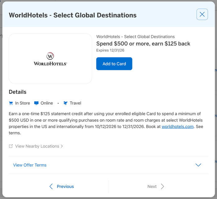 WorldHotels Amex Offer