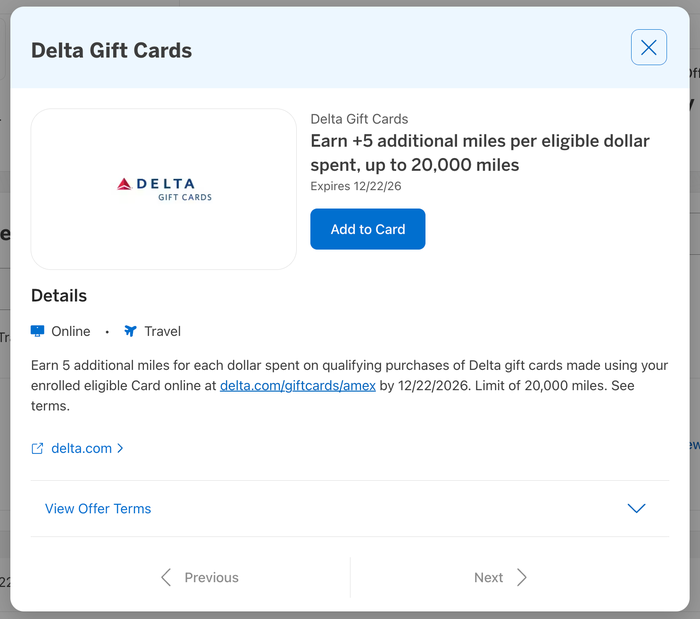 delta gift card amex offer